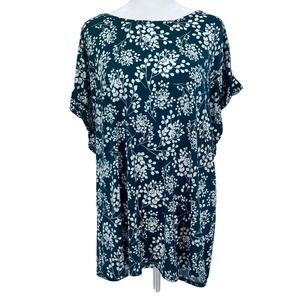 AUW Women's Teal Floral Tunic Top Size 2X Business Casual Office Liquid Knit